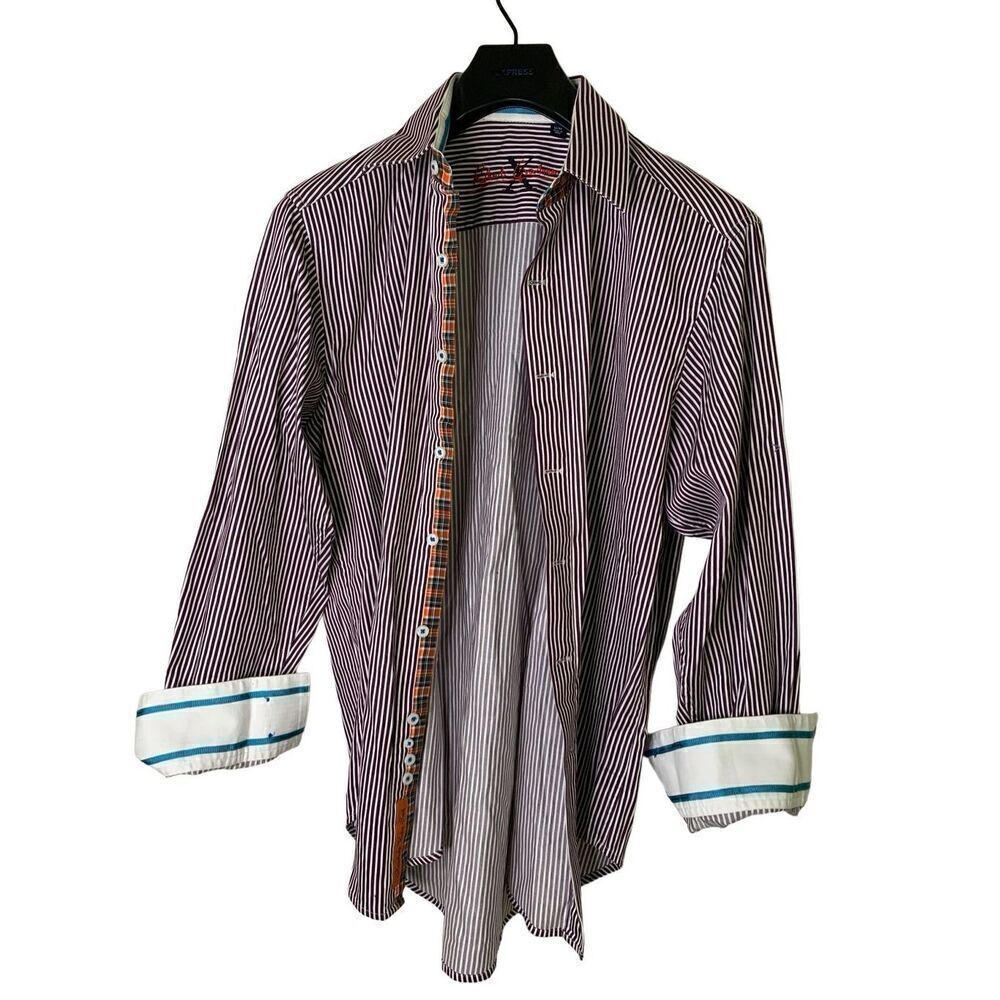 Robert Graham X Flip cuff button down shirt stripe brown men's size medium